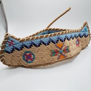 Vintage Handmade Needlepoint Yarn Native American Canoe Basket Decor